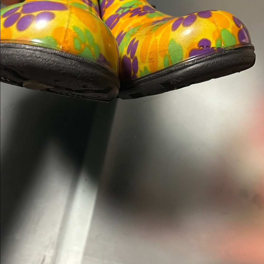 Sloggers Vibrant Yellow Clogs with Purple and Green Paw Prints - Picture 7 of 10